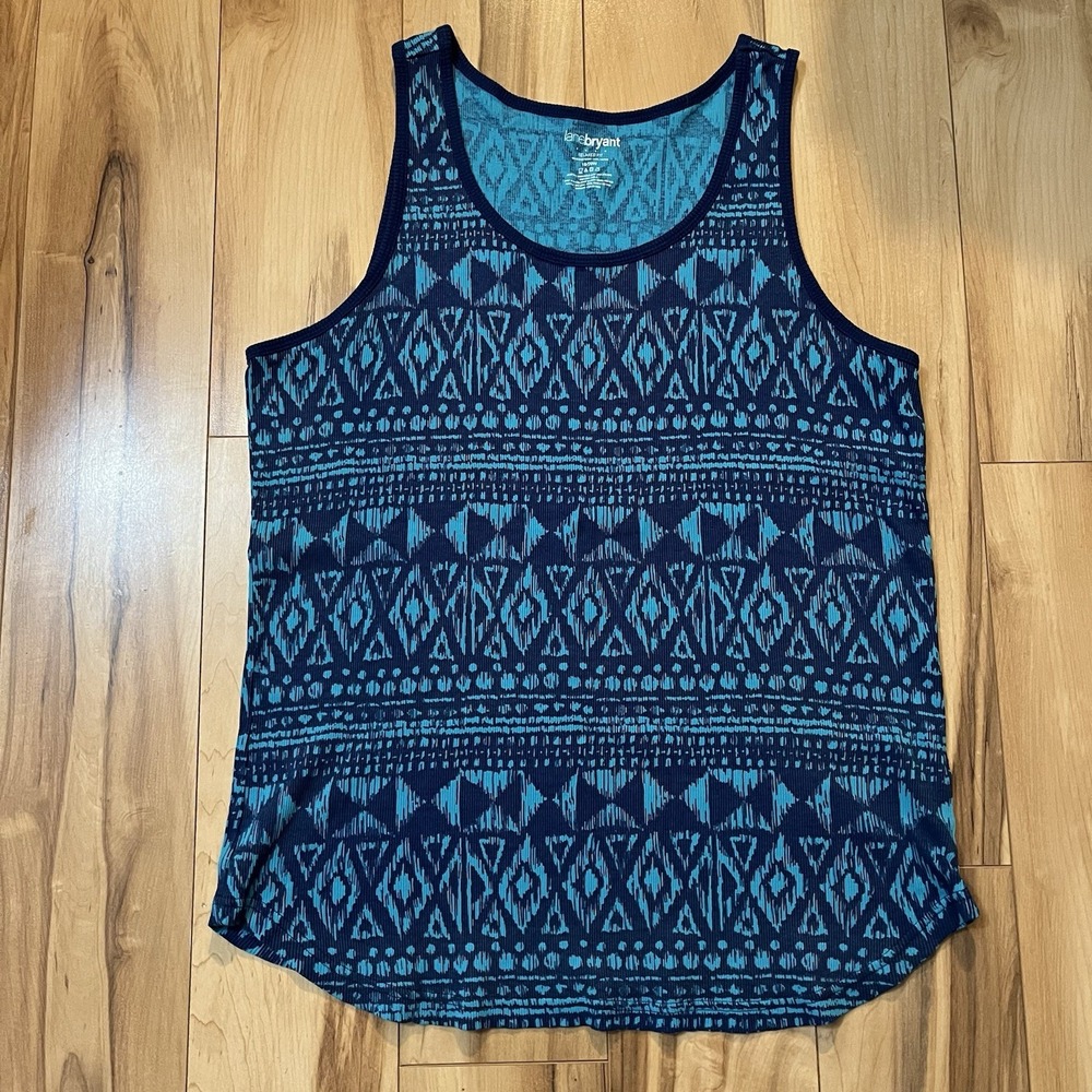 Lane Bryant Cotton Ribbed Tank Top Sz 18-20W Blue Tribal Pattern Round Hem
